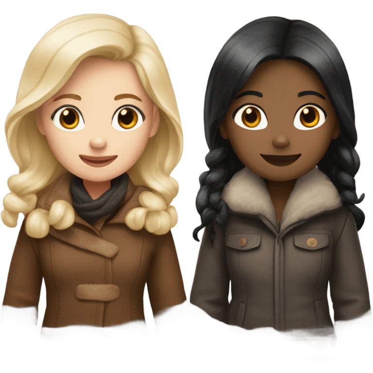 Two girls in winter coats walking- one with white skin black hair and the other with white skin and copper blonde hair  emoji