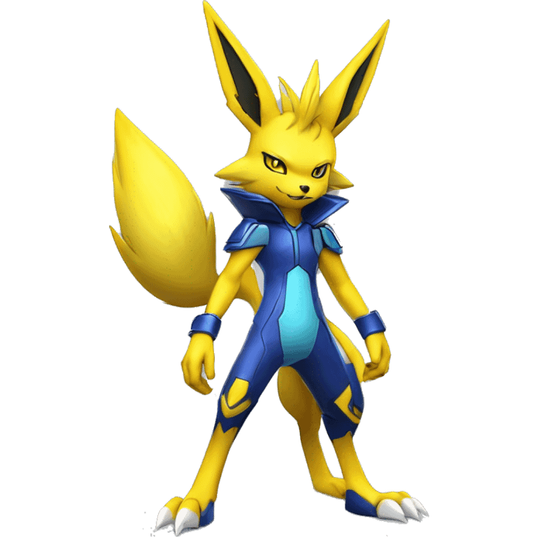 Yellow Shiny Colorful Anthro Edgy Cool Sonic-Zeraora-Renamon-Jolteon-Pokémon-Fakémon with shiny blue markings Full Body Detailed High Quality  emoji