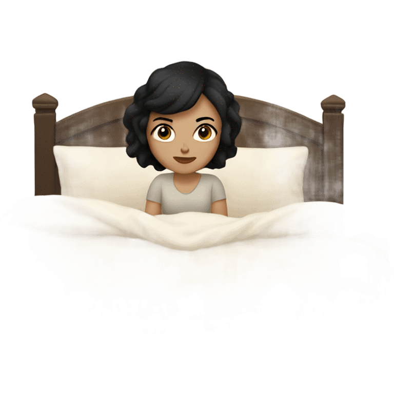 white girl with short black hair laying full body in a big bed with a beige comforter  emoji