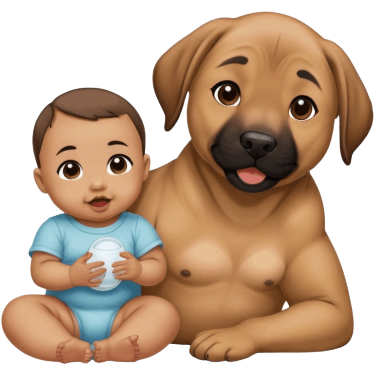 Black mouth cur sitting next to a baby with dimples and dark brown hair emoji