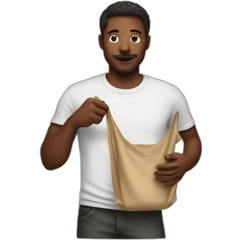 man holding tee-shirt with a dark stain on it emoji