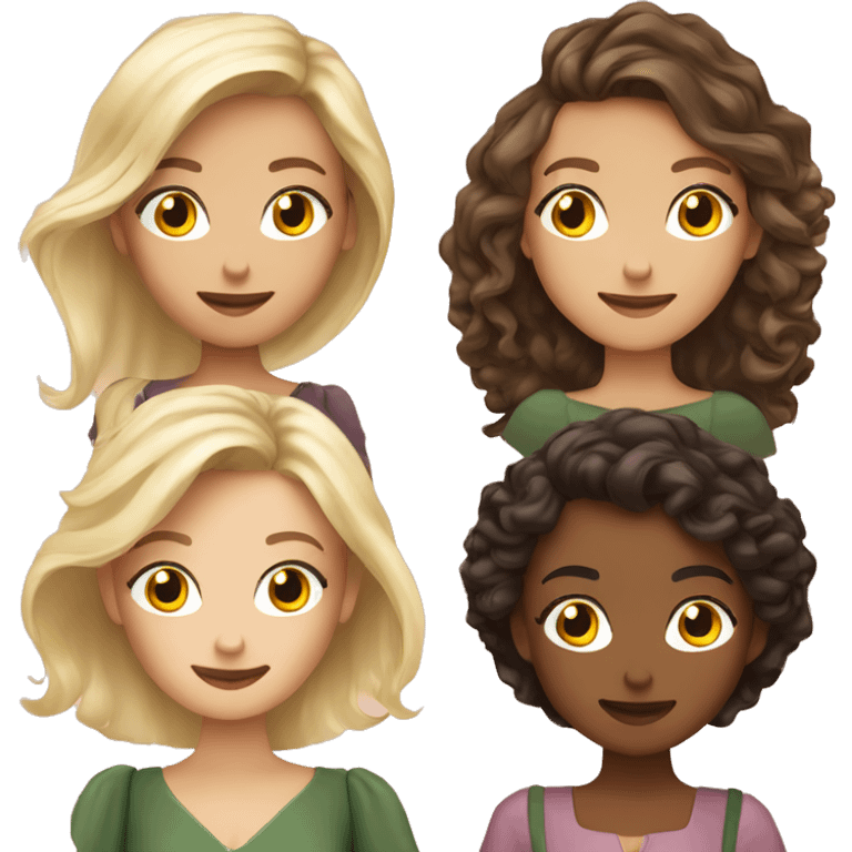 Four beautiful european girls, one with blond hair and two dark blond hair in dresses have coffee emoji