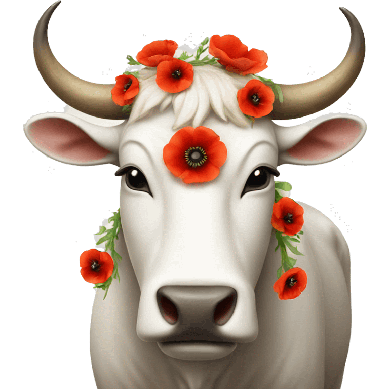 White ox with poppies on horns emoji