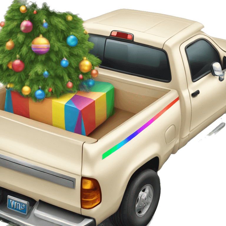 Manila cream color pickup truck with rainbow stripe, Christmas tree in the truck bed emoji