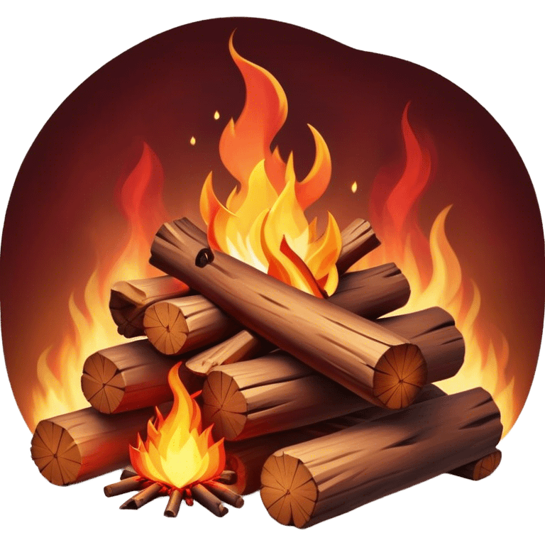 Cinematic Realistic Campfire, a roaring flame crackling atop carefully arranged logs, embers glowing deep red, golden light casting soft flickering shadows, gentle smoke drifting upwards, glowing with warmth and coziness. emoji