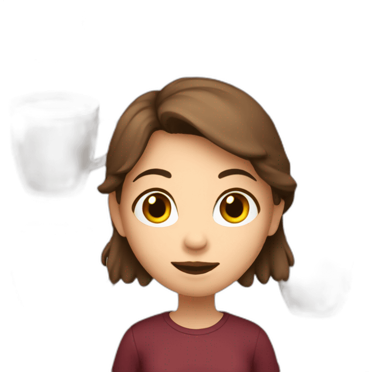 girl with brown hair, burgundy shirt with a large mug in her hand emoji