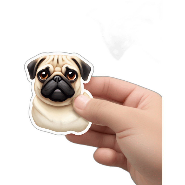 4k, Sticker design of funny pug dog, with chips in his hand, cute, meme, illustrative, simple, realistic emoji