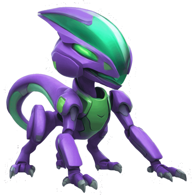 a purple-green Genesect-Raptor-Fakémon—hybrid with a futuristic visor-helmet full body emoji