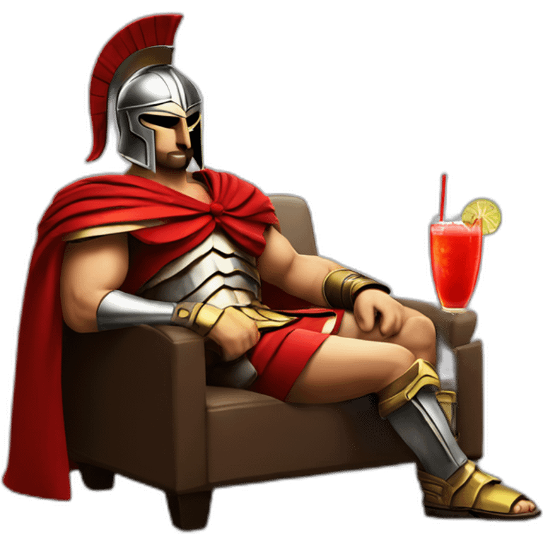 The Spartan Leonidas and his red cape with a cocktail in hand and his helmet under his arm relaxing on a sofa. emoji