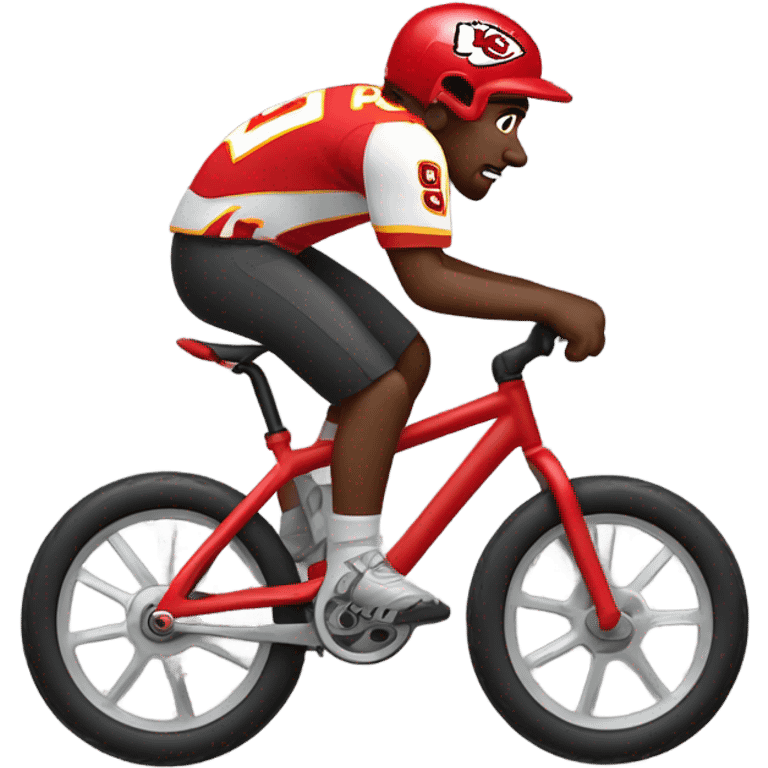 White boy in chiefs gear riding black mountain bike emoji