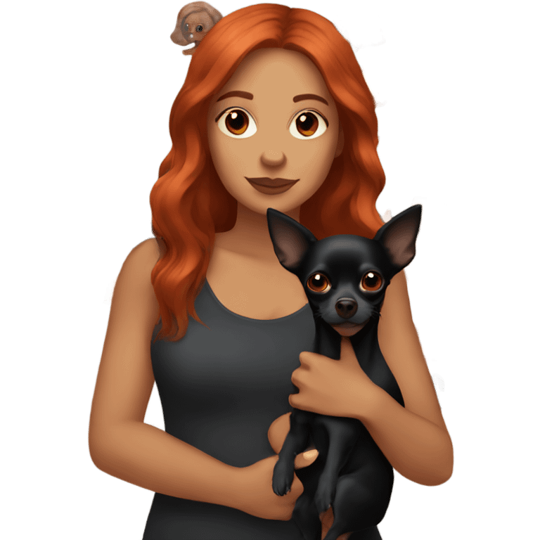 woman with long red hair and brown eyes holding all black Chihuahua  emoji