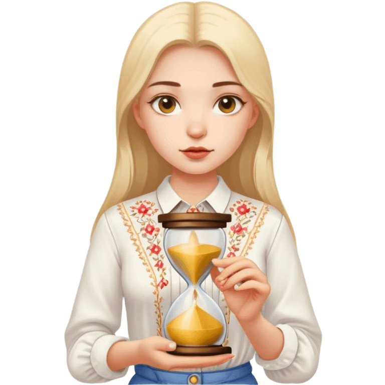 A Ukrainian girl in a white embroidered shirt holds an hourglass in her hand emoji