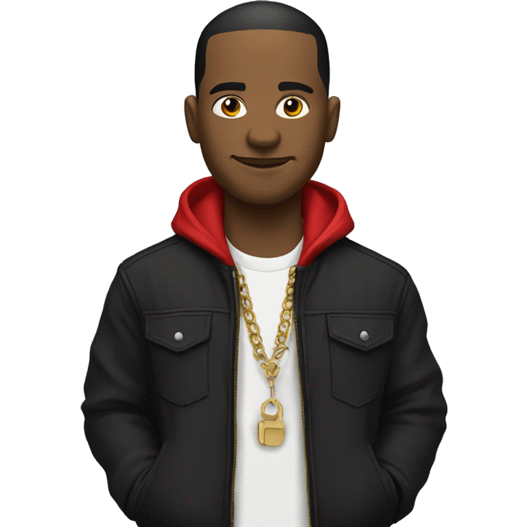 hip hop artist wearing a black jacket. the jacket has a red collar.  emoji