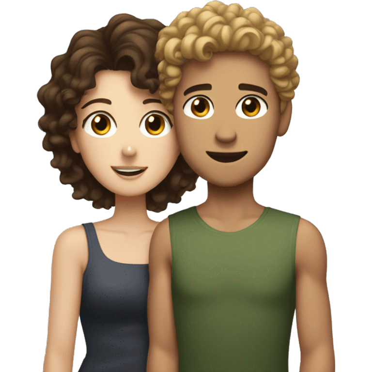 Young man with curly dark blonde hair lifting up a brunette woman with freckles above his head emoji