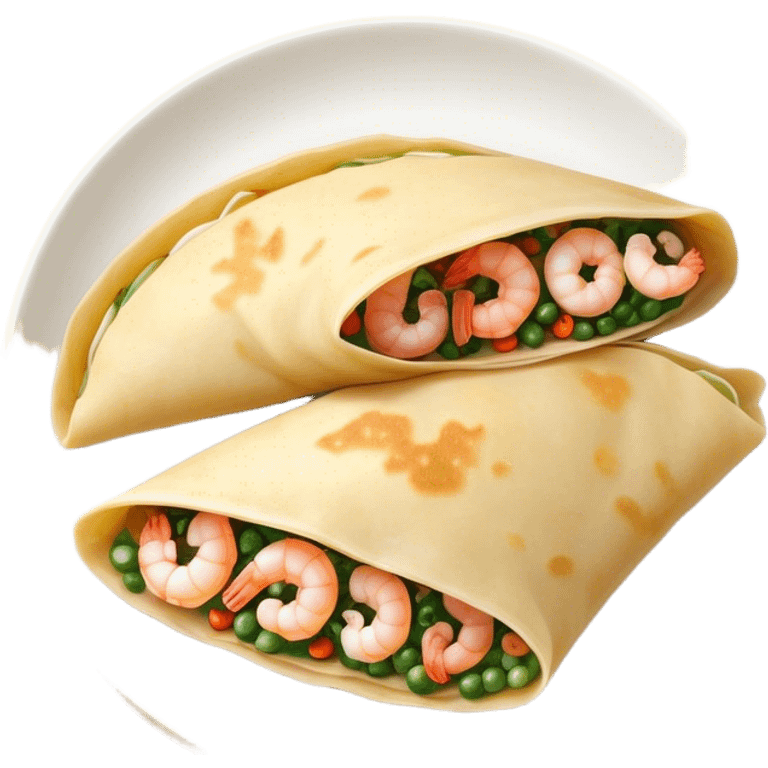 Bánh Xèo Cinematic Realistic Bánh Xèo Dish Emoji, depicted as a crispy, folded semi circle crepe filled with tiny shrimp and pork, rendered with dynamic textures and vibrant, appetizing lighting. emoji