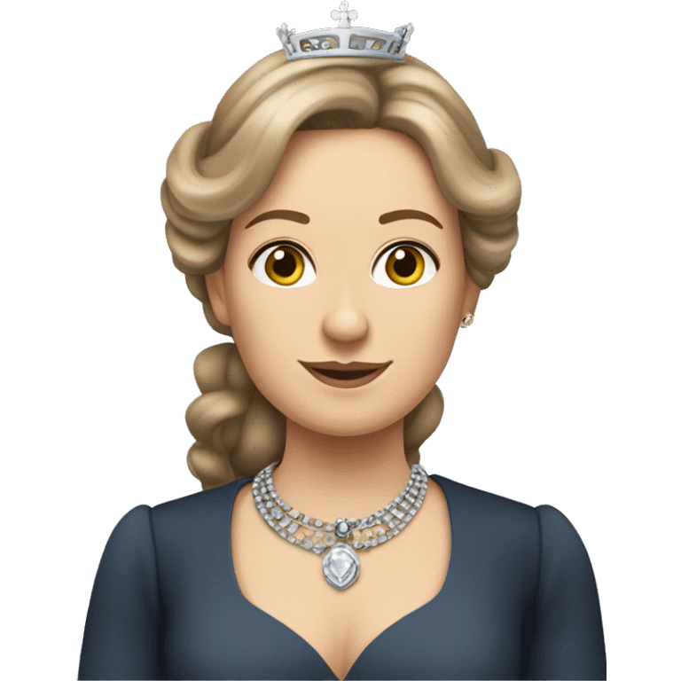 Modern day Queen Victoria with light brown hair who works at an insurance firm as an administrator wearing silver jewelry and hs tattoos emoji