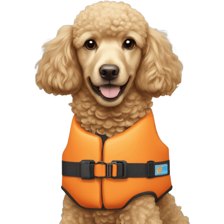 Golden poodle with orange shark life vest emoji