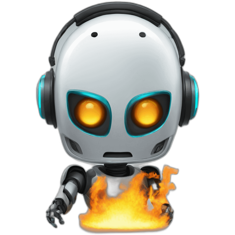 un robot avec les yeux en feu et un casque audio emoji