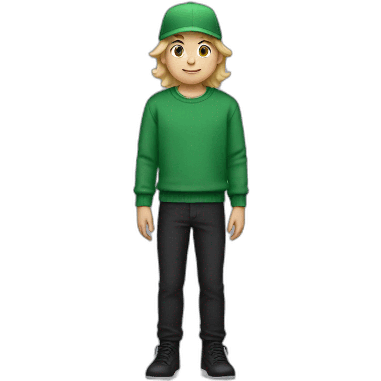 a boy with blond hair, a green sweater, black pants and black shoes and a green cap and braces emoji