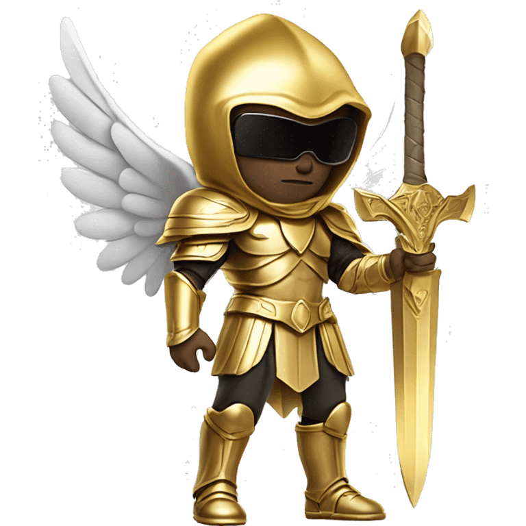 golden archangel, a guy of European appearance in black glasses, skin color light white, in full growth, with golden wings and in golden armor, in his hand a golden sword, in a golden hood emoji