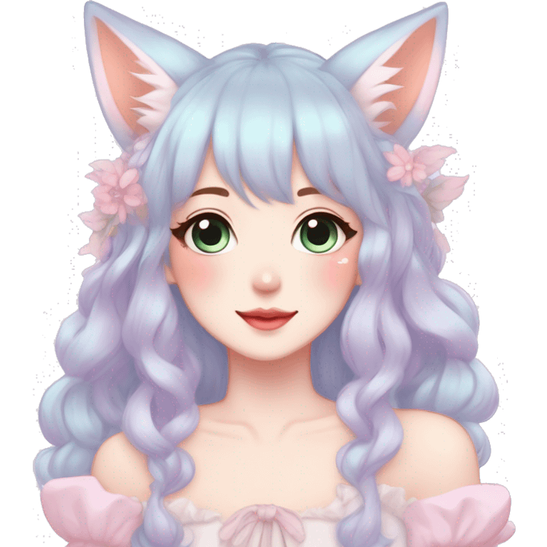 Gorgeous pastel anime style lady with blushing face and fox ears cottagecore fairycore pastelcore colorful pearly romantic simplistic aesthetic trending style emoji