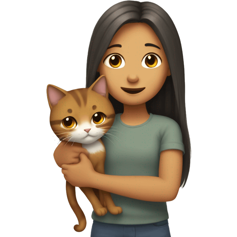 a girl with shoulder-length hair hugs a rusty cat emoji