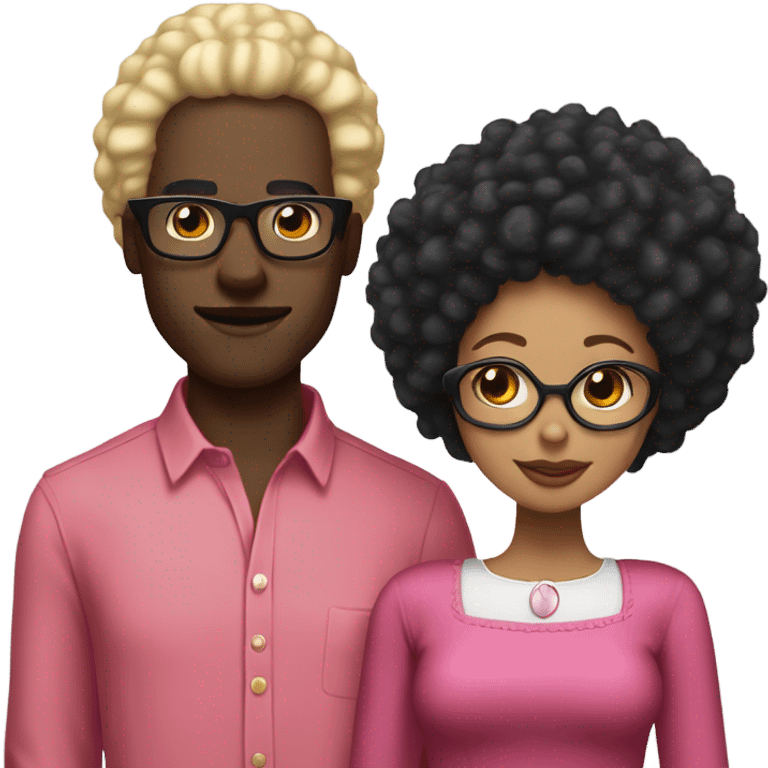 “black man with black afro and glasses and wearing a long sleeved red shirt standing next to a white woman with long blonde hair and wearing a pink dress emoji