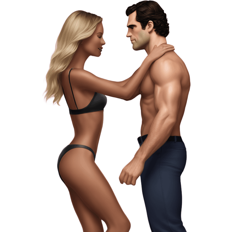 realistic photo of Henry Cavill close dancing with a beautiful  victoria secret model  emoji