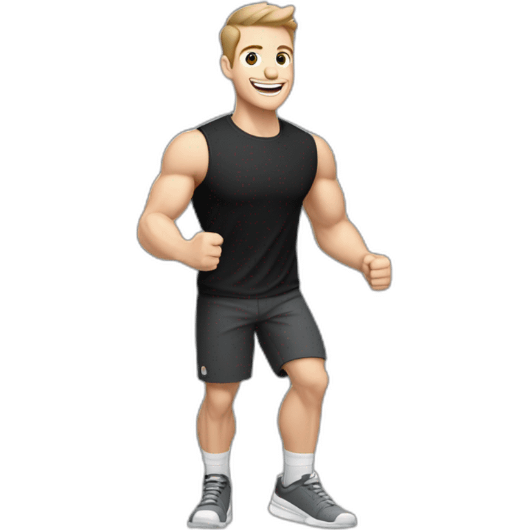 Joyful Celebrating victory Pale skinned Fit Man With the biceps and dark brown hair in black shirt, gray sports shorts and white Sneakers emoji