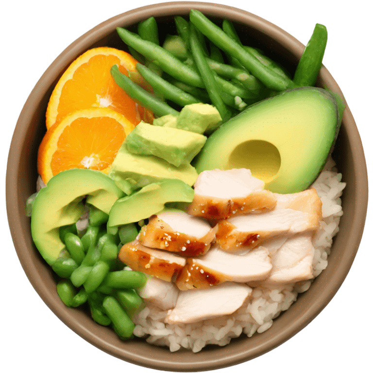 Poke bowl with chicken, avocado, orange, cucumbers and green beans emoji