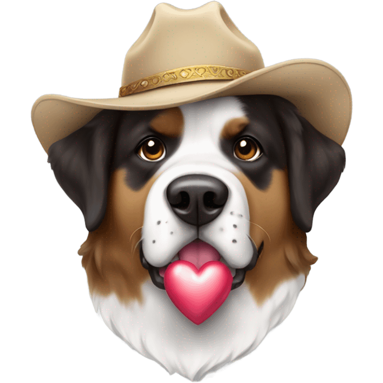 A Saint Bernard mixed with an Australian shepherd wearing a cowboy hat and holding a heart  emoji