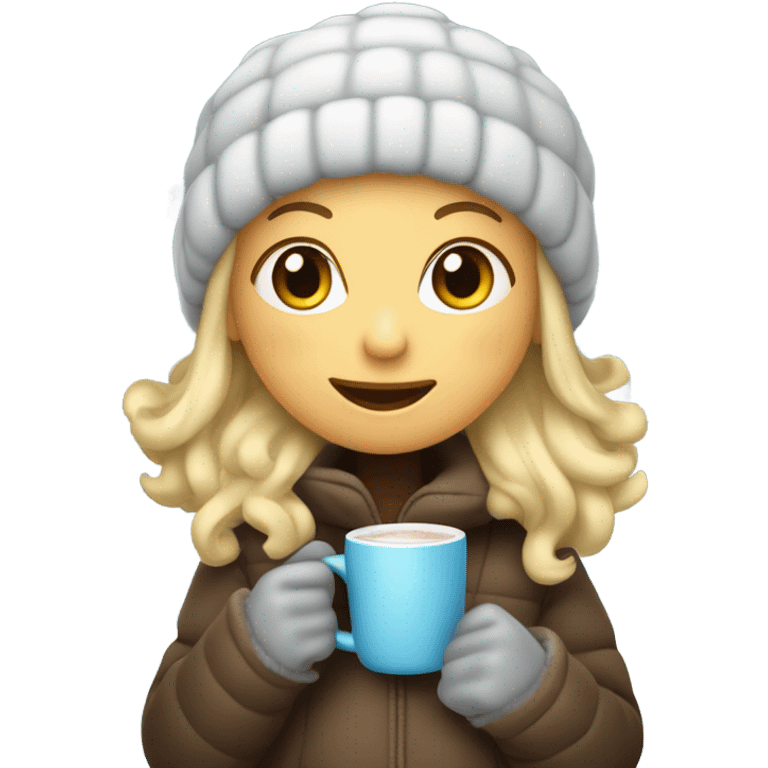 Girl with blonde hair, ear muffs, a beanie, with a puffy jacket holding hot coco in apple woman emoji style  emoji