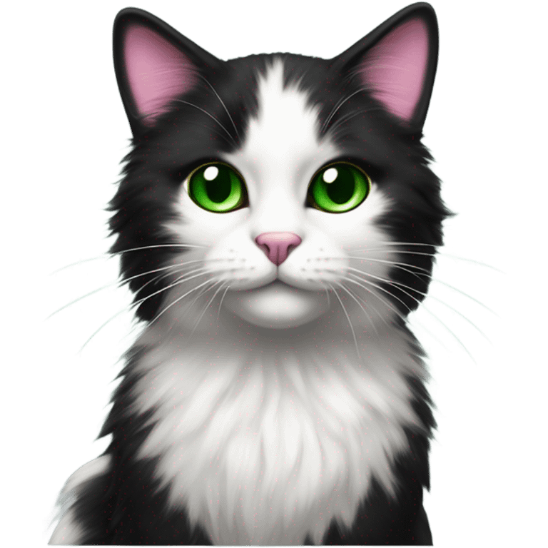 Black and white fluffy cat with black over both eyes pink nose green eyes and black dot on chin emoji