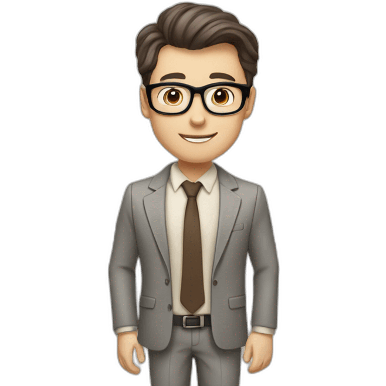 Pale skinned fit man with dark brown hair in gray jacket, beige office shirt, brown tie, brown pants and vintage glasses Writing text on a marker board emoji