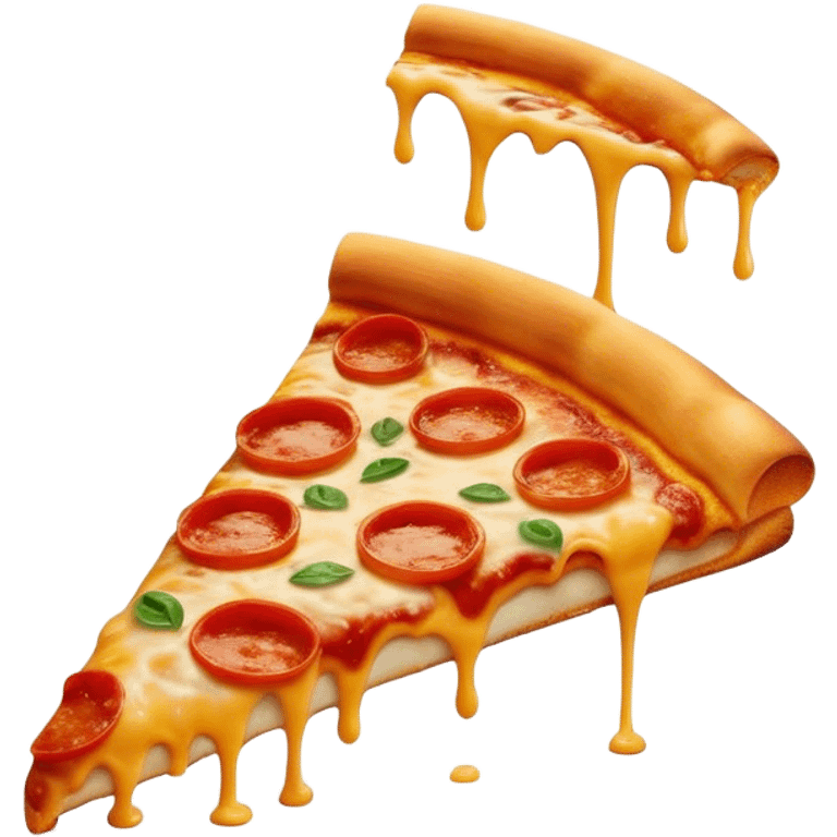 Cinematic cheesy pizza slice, gooey melted cheese stretching as a bite is taken, crispy golden crust, rich tomato sauce, vibrant toppings, warm glowing background, inviting and delicious. emoji