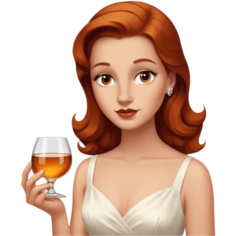 normal nose oval face Beautiful woman in 1950’s woman fashion look, no jewelry, white dress, long auburn hair, whisky emoji