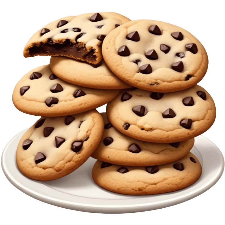 Cinematic Realistic Cookies Dessert Emoji, showcasing a plate of freshly baked cookies with gooey chocolate chips rendered with lifelike textures and warm, homey lighting. emoji