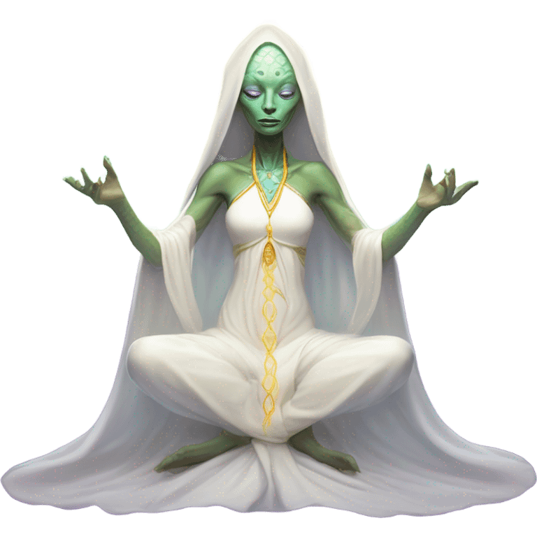 a Reptilian alien woman, white dress like a priestess, in meditation show aura emoji