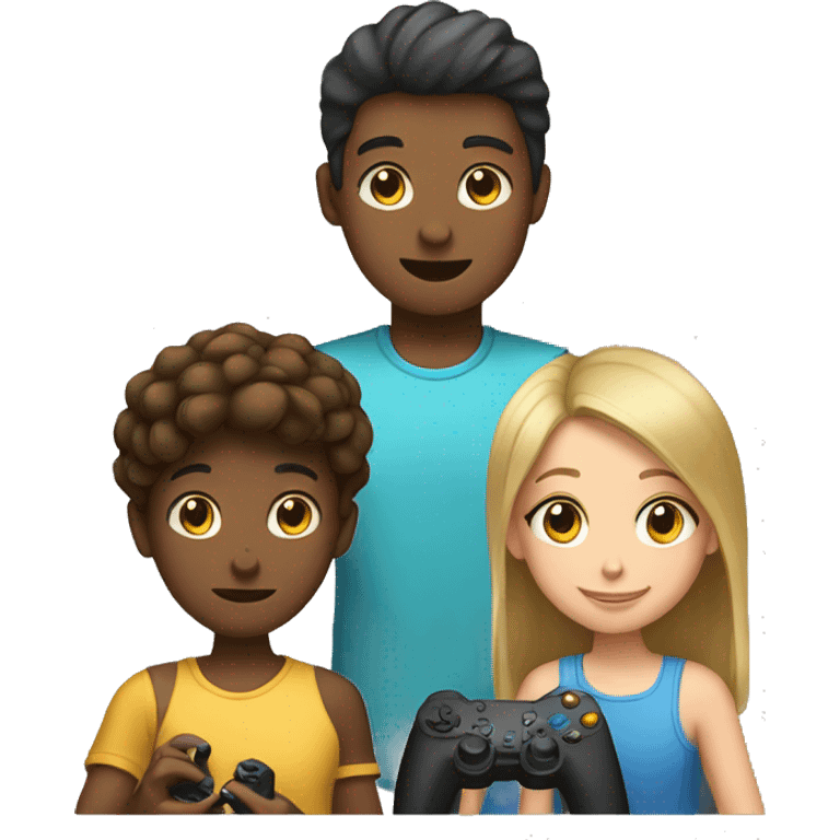 two girls and one boy playing video games  emoji