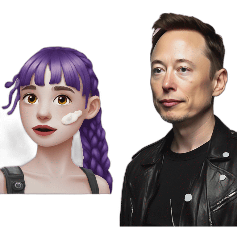 Grimes with drops of milk on face, elon musk smirking, duo emoji