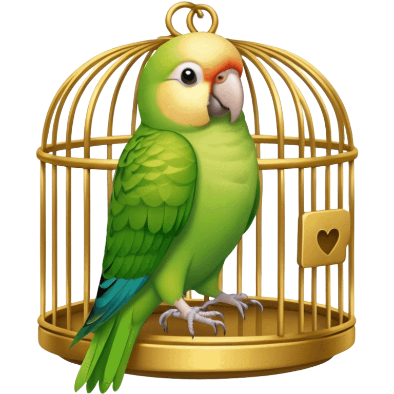 green and tan parakeet sitting on gold birdcage emoji