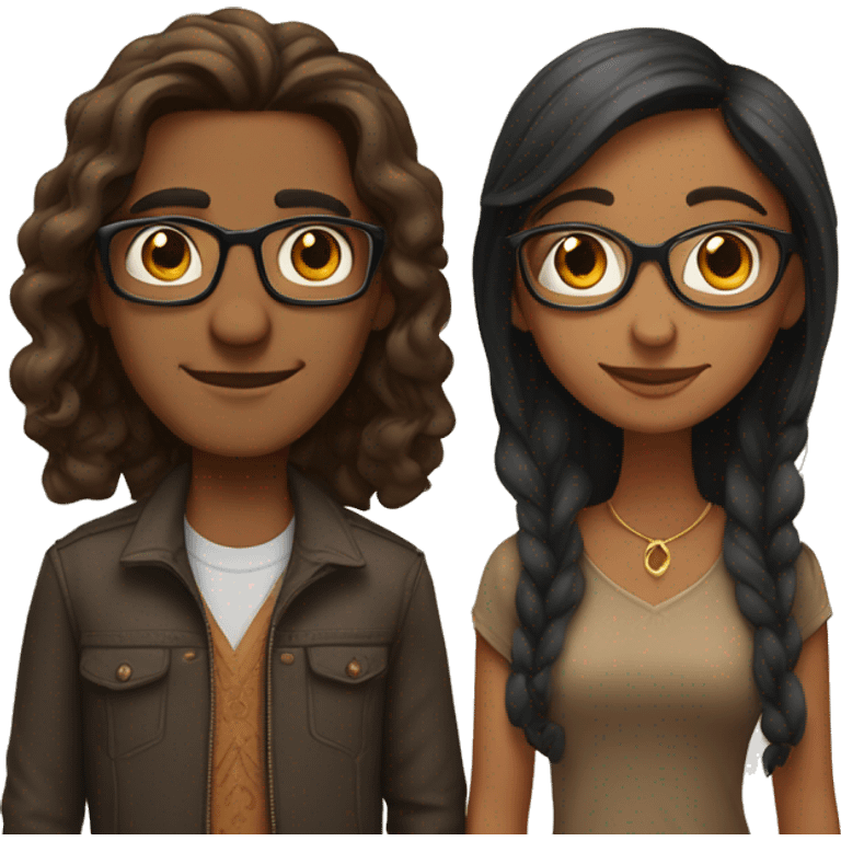 Indian couple short brown girl long hair, tall brown boy with glasses emoji