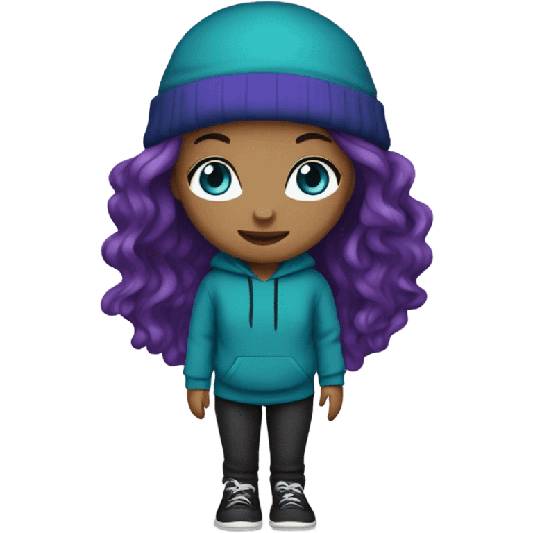 White girl, blue eyes, long teal hair, purple beanie hat, black hoodie, blue jeans, black shoes emoji