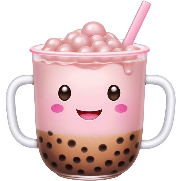 Cute Kawaii Boba Tea Cup, with a happy smiling face, chubby round shape, pastel pink and brown colors, soft glowing highlights, adorable tapioca pearls floating inside, sparkling eyes full of joy! emoji