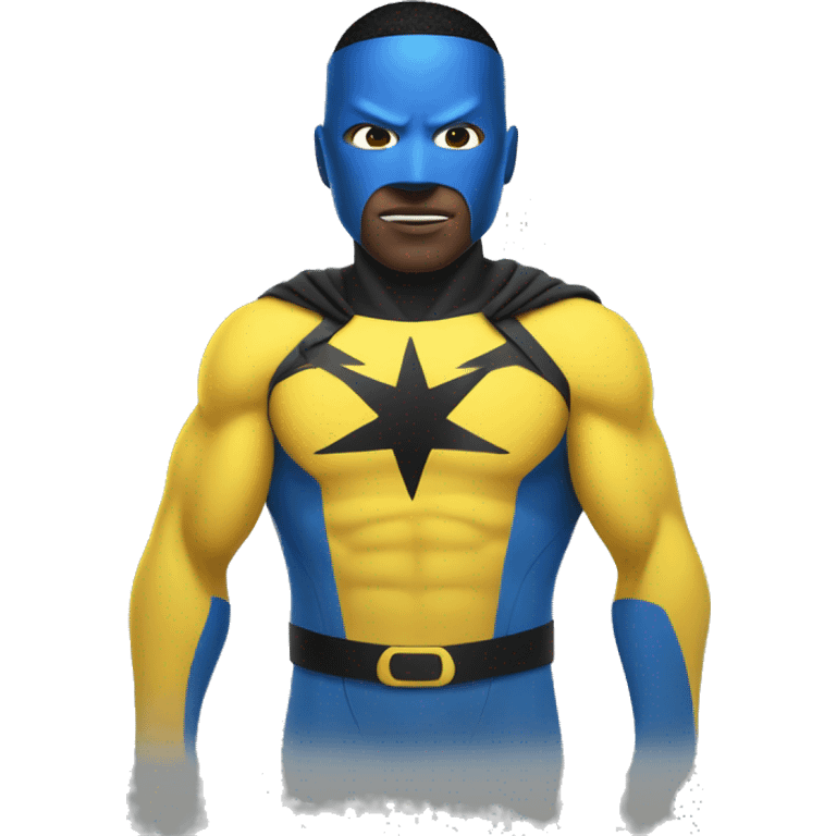 Superhero wearing a yellow and blue suit with black accents. He should have a distinctive yellow visor-style mask covering his eyes, shot black hair. heroic expression. emoji