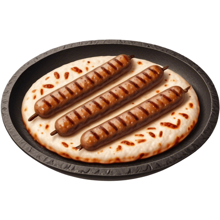 Cinematic Realistic Cevapi Dish Emoji, depicted as small, grilled minced meat sausages with a charred exterior rendered with lifelike textures and warm, savory lighting. emoji