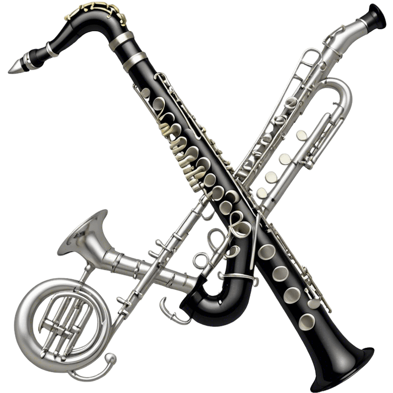 Create a sleek and professional emoji representing a black standard clarinet. The design should feature a smooth, glossy black body of the clarinet with shiny, silver keys clearly visible. Highlight the intricate details of the mouthpiece and reed at the top, while the body of the instrument should remain simple and elegant. Add subtle musical notes or soundwaves floating around the instrument to symbolize its clear, melodic sound. Use black for the body, silver for the keys, and soft lighting effects to give the instrument a polished, sophisticated look. The background should be transparent. emoji