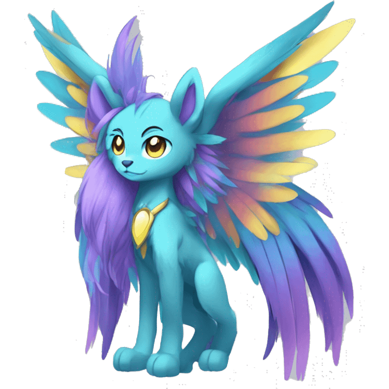 Anthro Sona Cool Edgy Cute Colorful Shy Winged Shiny Fakemon-Fantasy-Creature With Long Hair-Mane Full Body emoji