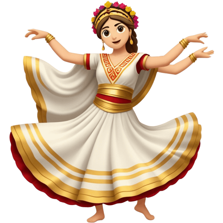 Cinematic Realistic Sirtaki Dance Emoji, depicted as a vibrant traditional Greek dance scene with flowing movements and expressive costumes, rendered with dynamic textures and warm festive lighting that captures its cultural exuberance. emoji