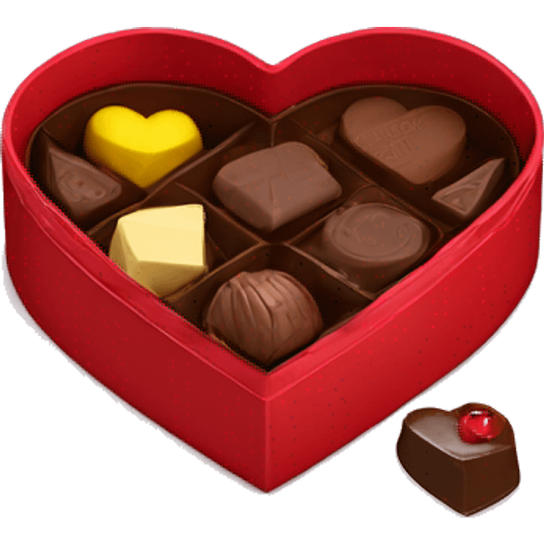 A heart shaped red chocolate box opened to reveal some chocolates inside emoji